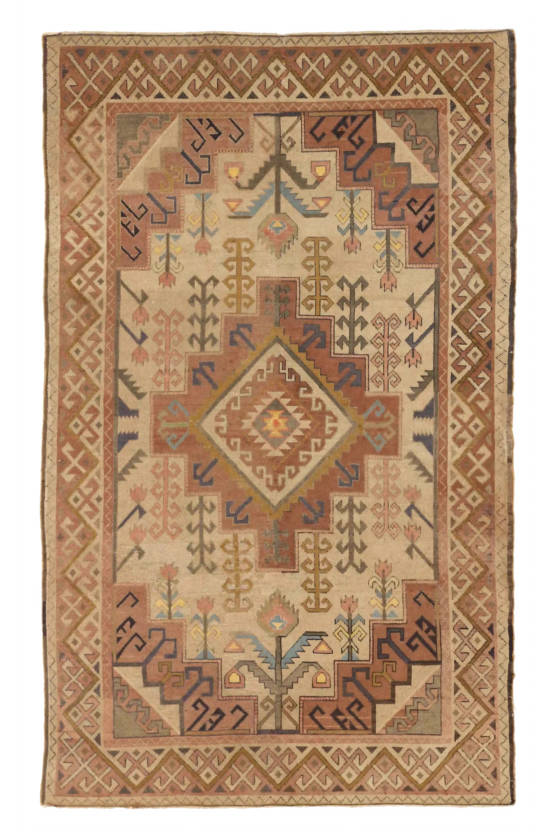 Russia beige with rust, blue, and gold tribal area antique rug with central diamond medallion, geometric botanical motifs, and stepped angular border SKU 72547