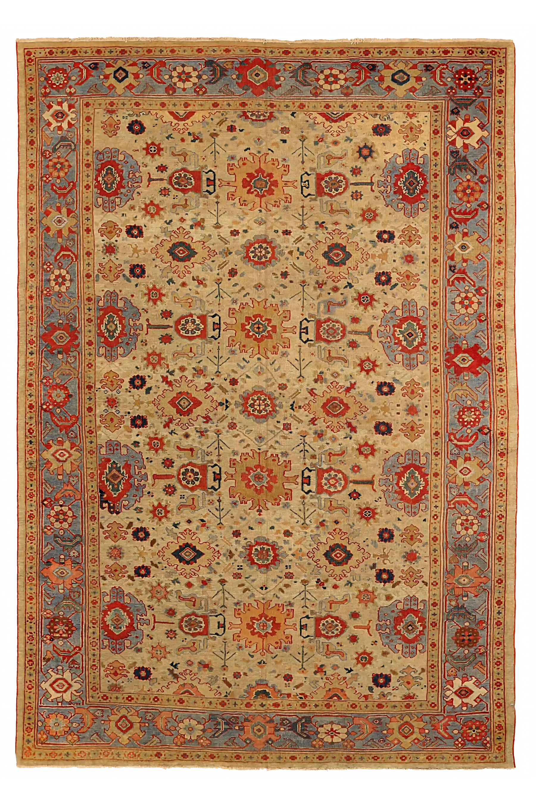 Persian Sultanabad beige with rust and blue traditional antique area rug with allover geometric palmettes and floral motifs SKU 73032