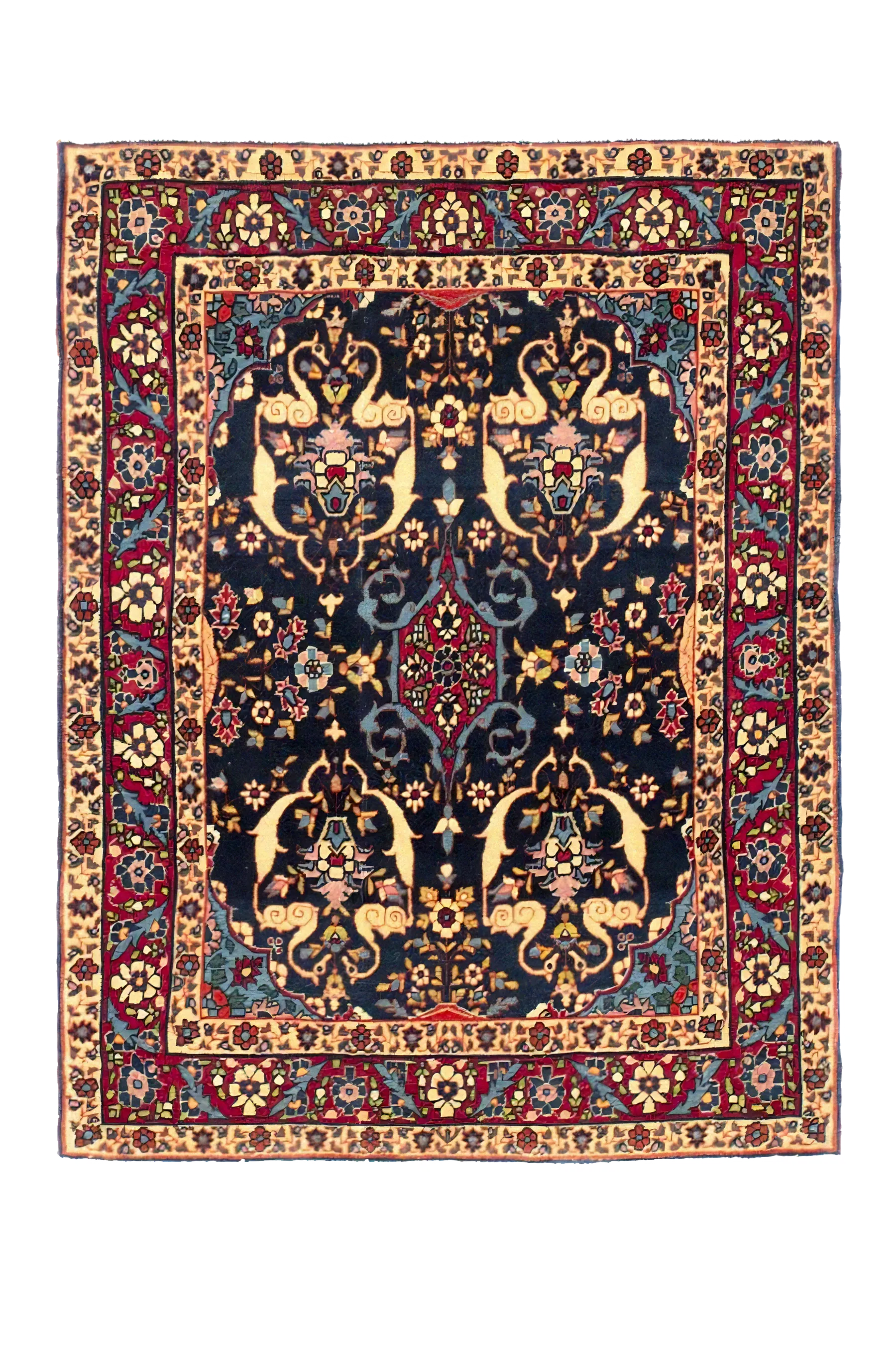 Persian (Tehran) navy with red, ivory, and teal accents traditional small accent antique rug with mirrored floral vases, stylized birds, and allover rosette border motifs SKU 73353