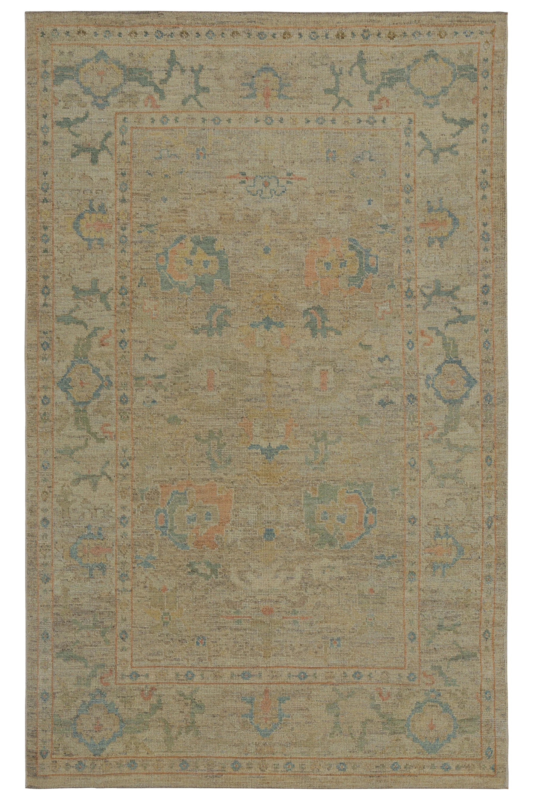 Turkey Oushak beige with soft blue and muted coral accents, traditional area, contemporary age, with scattered geometric palmettes and stylized floral motifs SKU 96050