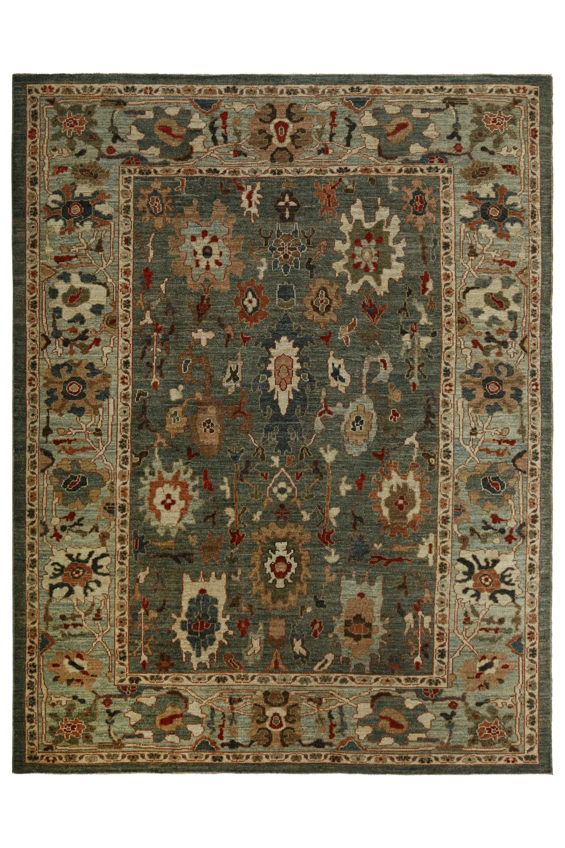 Turkey blue with beige and rust accents, traditional Sultanabad area rug, contemporary, featuring stylized floral allover motifs and palmettes SKU 96092